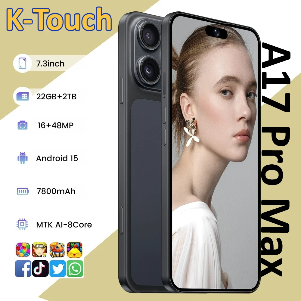 Téléphones mobiles K-Touch A17 Pro Max Smartphone Android 15 Téléphone portable pas cher 7,3 pouces Appareil photo 16+48MP 7800mAh 5G Double carte Double veille Téléphones portables pour hommes et