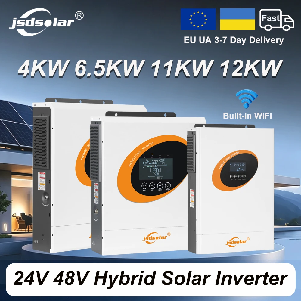 Jsdsolar 4KW 6.5KW 11KW 12KW Onduleur Solaire Hybride 48V 230VAC Onduleur Hors Réseau à Onde Sinusoïdale Pure Chargeur Solaire MPPT 160A Entrée PV 500VDC Avec WiFi RS485 Écran Couleur Onduleurs