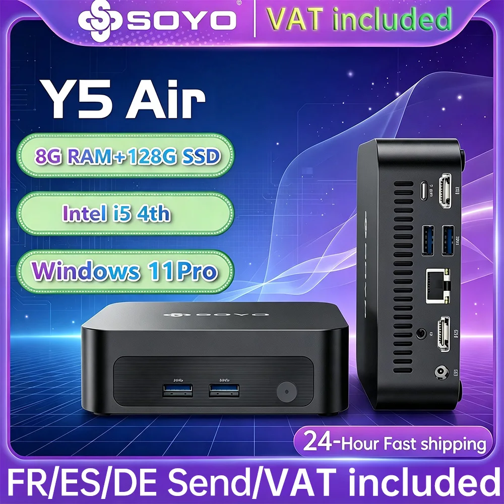 SOYO Mini-PC Y5 AIR Intel Core i5 4. Generation 8GB RAM 128GB SSD Windows 11 Pro Mini-Desktop-Computer WLAN BT4.2 Dual HDMI Display USB-C-Anschluss Home Office Kleiner Computer Business Mini-PC Stromsparender Mikro-PC Tragbarer Kompakter...