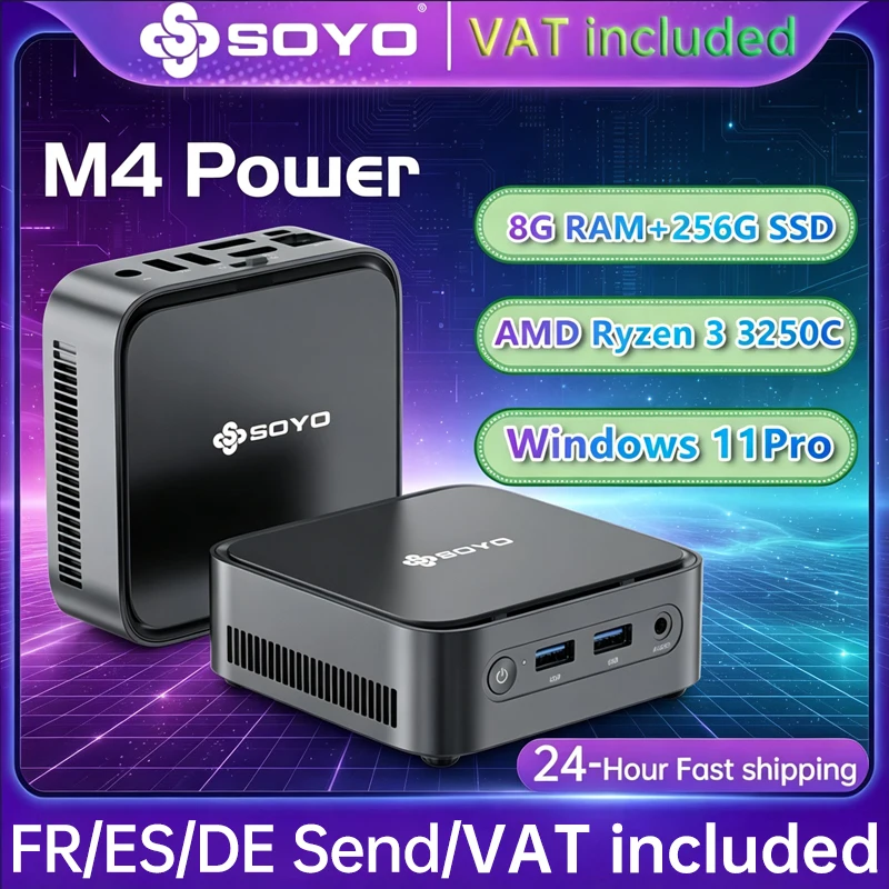 SOYO Mini-PC M4 Power AMD Ryzen 3 3250C 8GB DDR4 256GB M.2 SSD Windows 11 Pro Mini-Desktop-Computer HDMI DP Dual Display RJ45 LAN USB3.0 WiFi BT Kompakter Mini-Host für Home-Office, Business, tägliche Arbeit, Medienunterhaltung