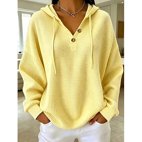 Per donna Felpe a nido d'ape Giacche strutturate Felpa con cappuccio Top a maglia waffle Coulisse Tasca Bottoni Semplice Casual Manica Lunga Scollo a V Con Cappuccio Top lunghi Blu Giallo Rosa