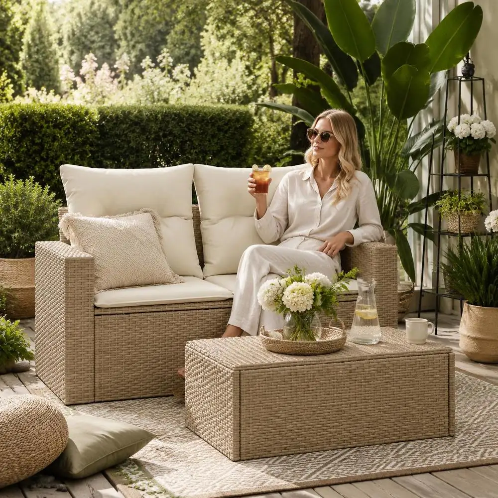Canapé de jardin 2 places en polyrotin avec coussin beige, canapé d'extérieur en osier avec coussin imperméable pour terrasse, jardin, cour, mobilier de jardin