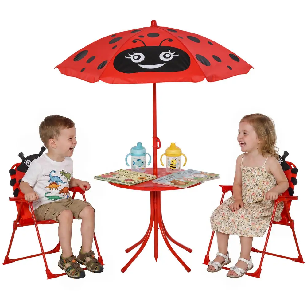 Ensemble de jardin pour enfants 4 pièces avec 2 chaises pliantes, parasol de jardin et table ronde, ensemble de jardin en acier et tissu Oxford rouge