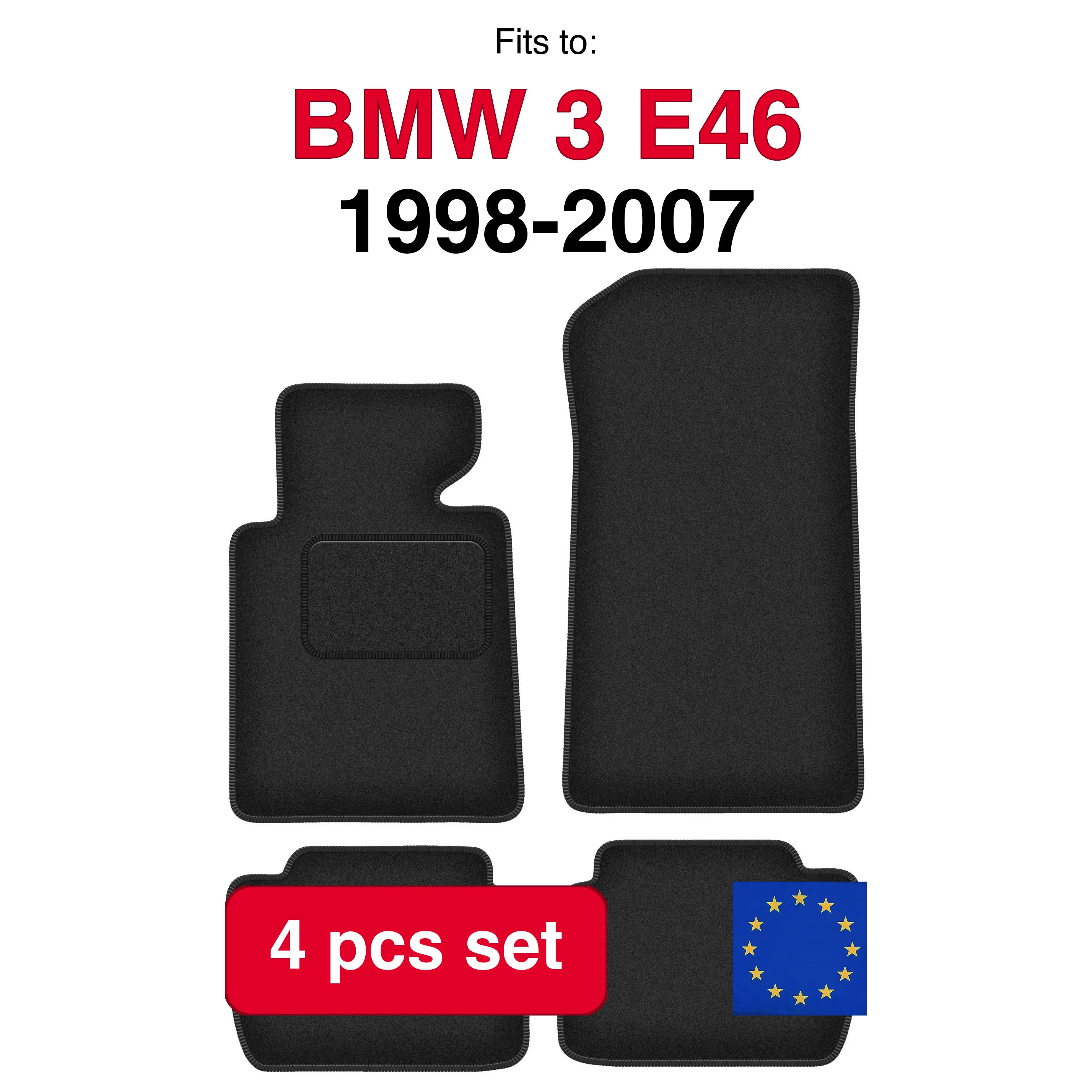 Tapis de voiture en velours pour BMW 3 E46 Compact Coupé Berline Break Touring (1998-2007) - Noir (4 pièces) - Ensemble de tapis de voiture sur mesure
