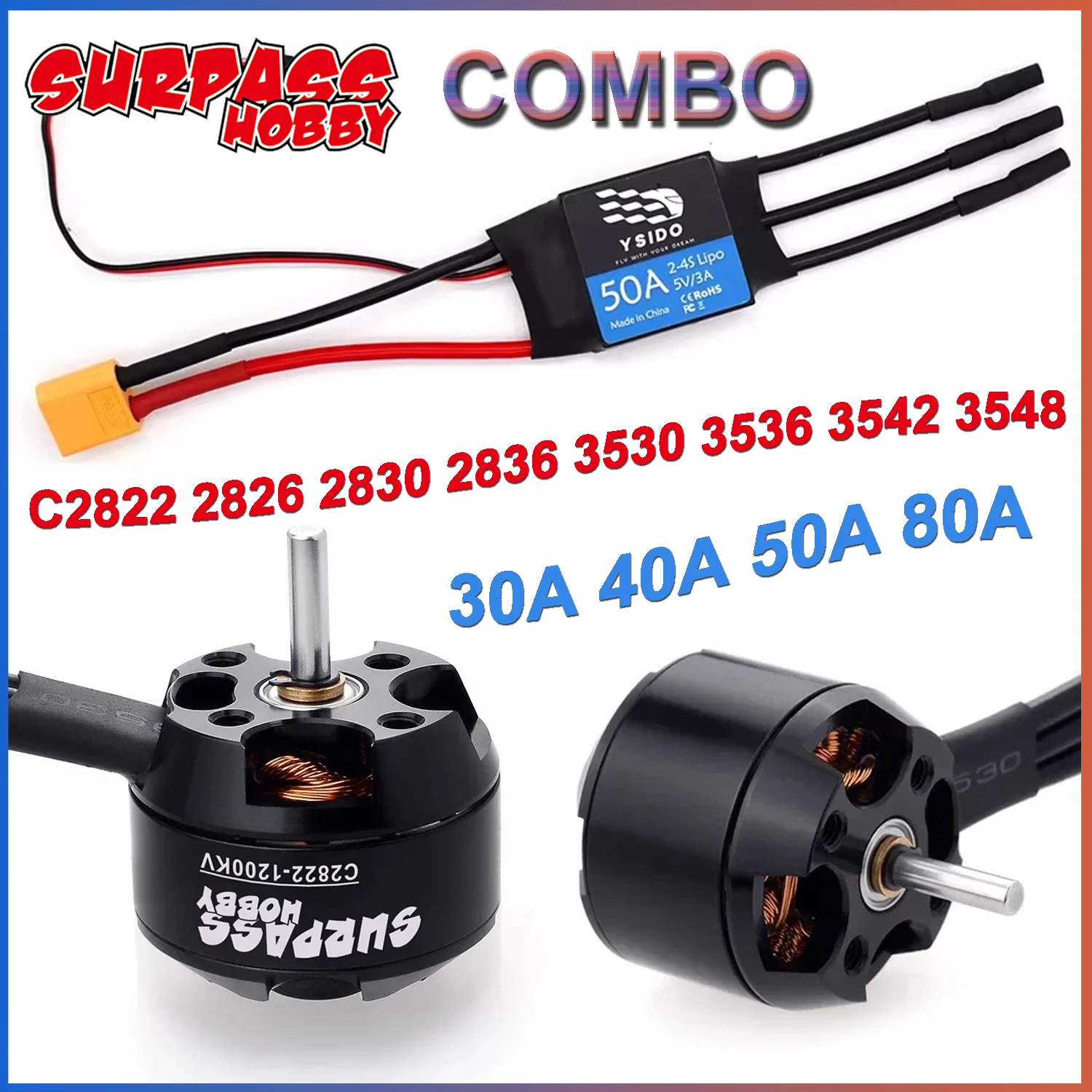 Surpass Hobby Brushless Combo C2822 2826 2830 2836 3530 3536 3542 3548 Motor & 30A 40A 50A 80A ESC 2-7S for RC Drone Fixed-wing