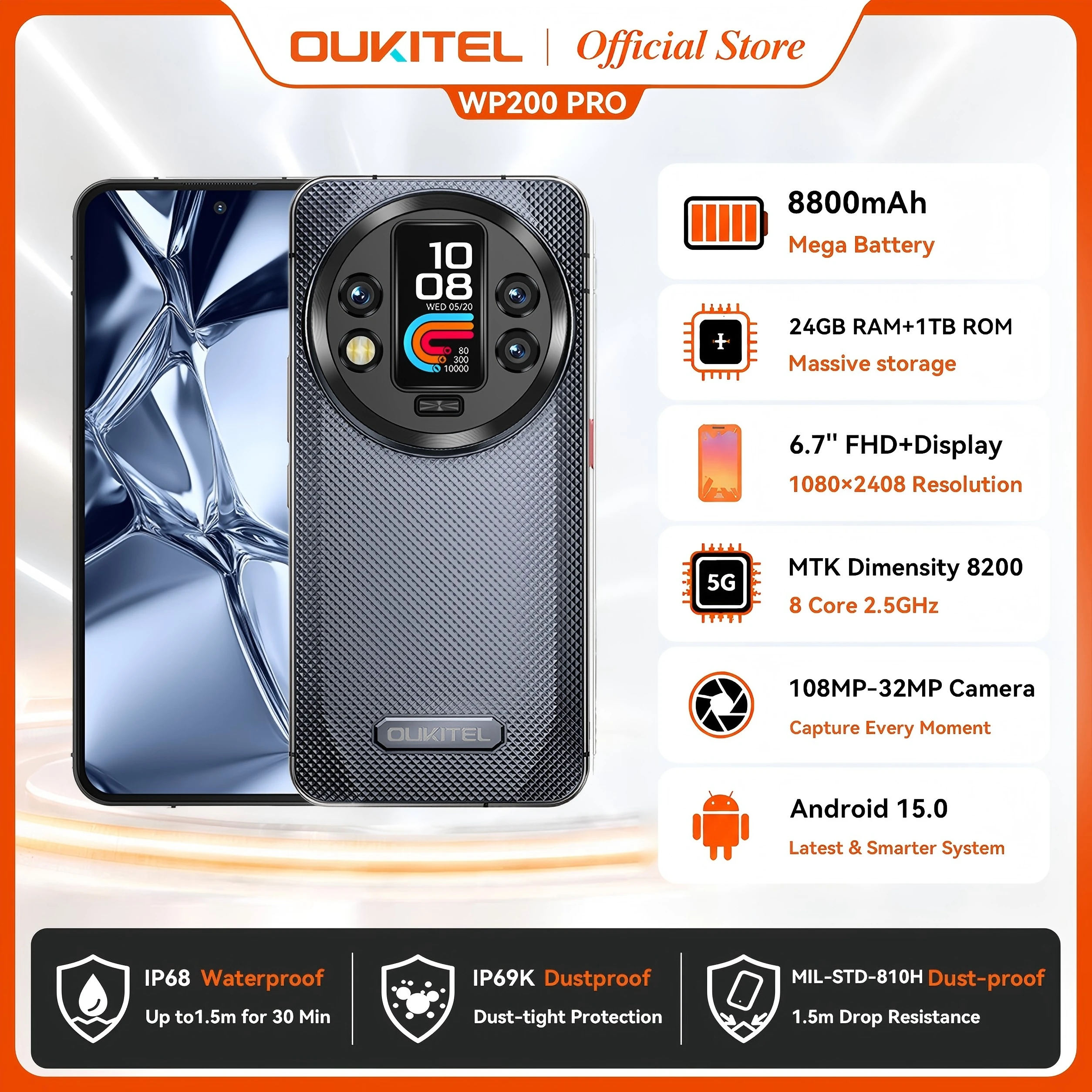 OUKITEL WP200 Pro 5G Rugged Phone AI Smartphone 72GB+1TB 8800mAh Battery 108MP Camera Android 15 Waterproof Outdoor SmartPhone