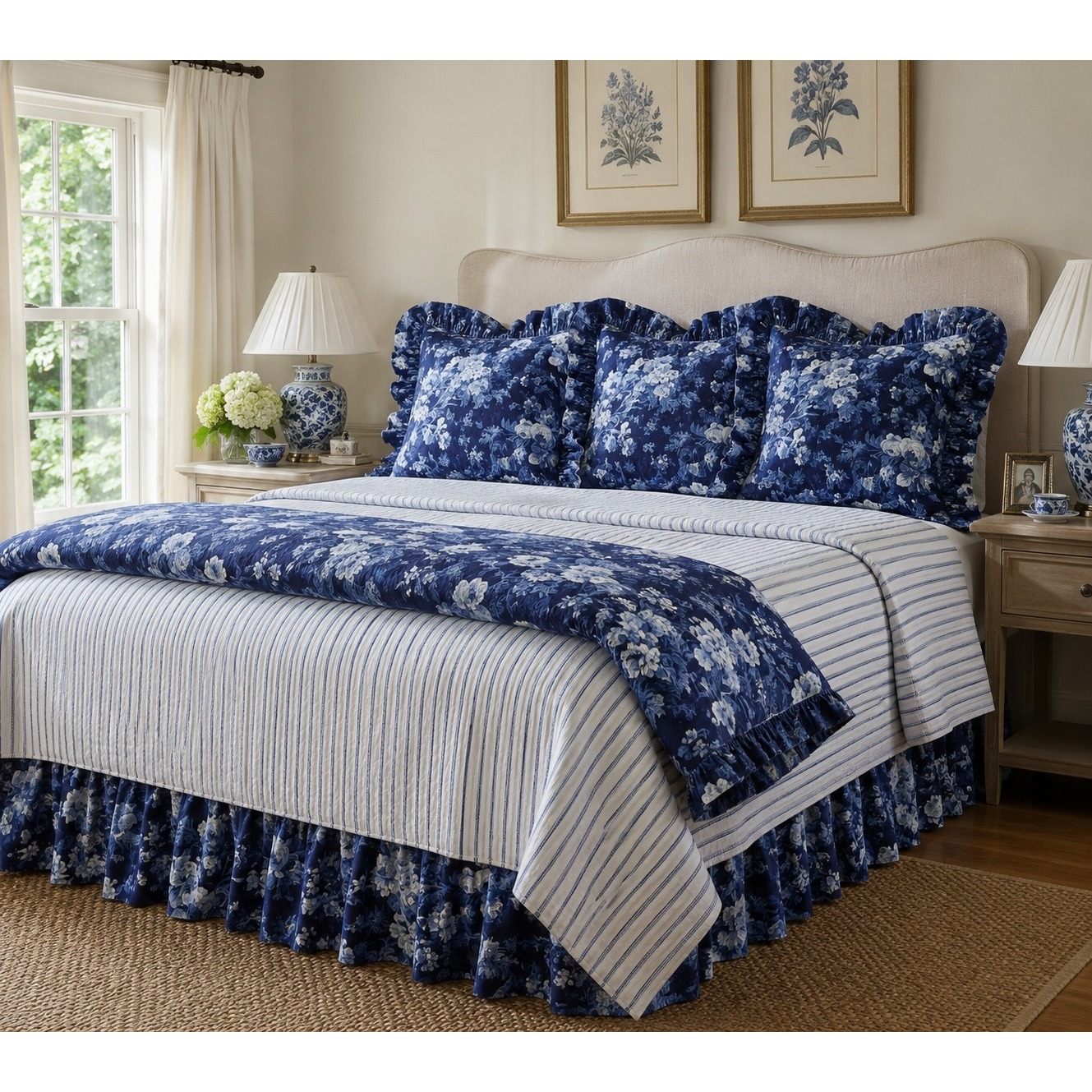 Ralph Lauren Bedding | Vintage Ralph Lauren Isadora Bedding Set Queen Duvet King Bed Skirt 3 Euro Shams | Color: Blue | Size: Queen/King