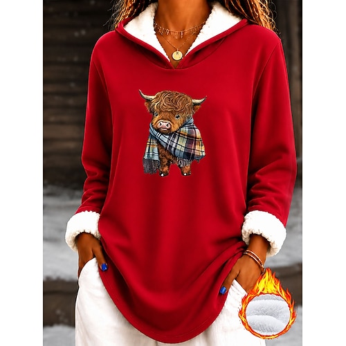 Damen Kapuzenpullover Druck Grafik Tiermotiv Warm Mode Modern Langarm Mit Kapuze Lange Oberteile Lässig Straße Rosa Rote Grau Herbst Winter