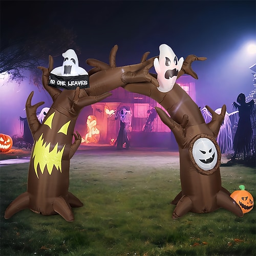 Aufblasbarer Halloween-Bogen aus einem toten Baum mit Kürbis, Geistermotiv und „Niemand verlässt den Garten