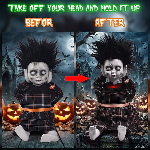 animierte, gruselige Halloween-Puppe mit leuchtenden Haaren und Soundeffekten, süß Gruselige Puppenrequisite für Spukhäuser, Fotografie und Partydekoration