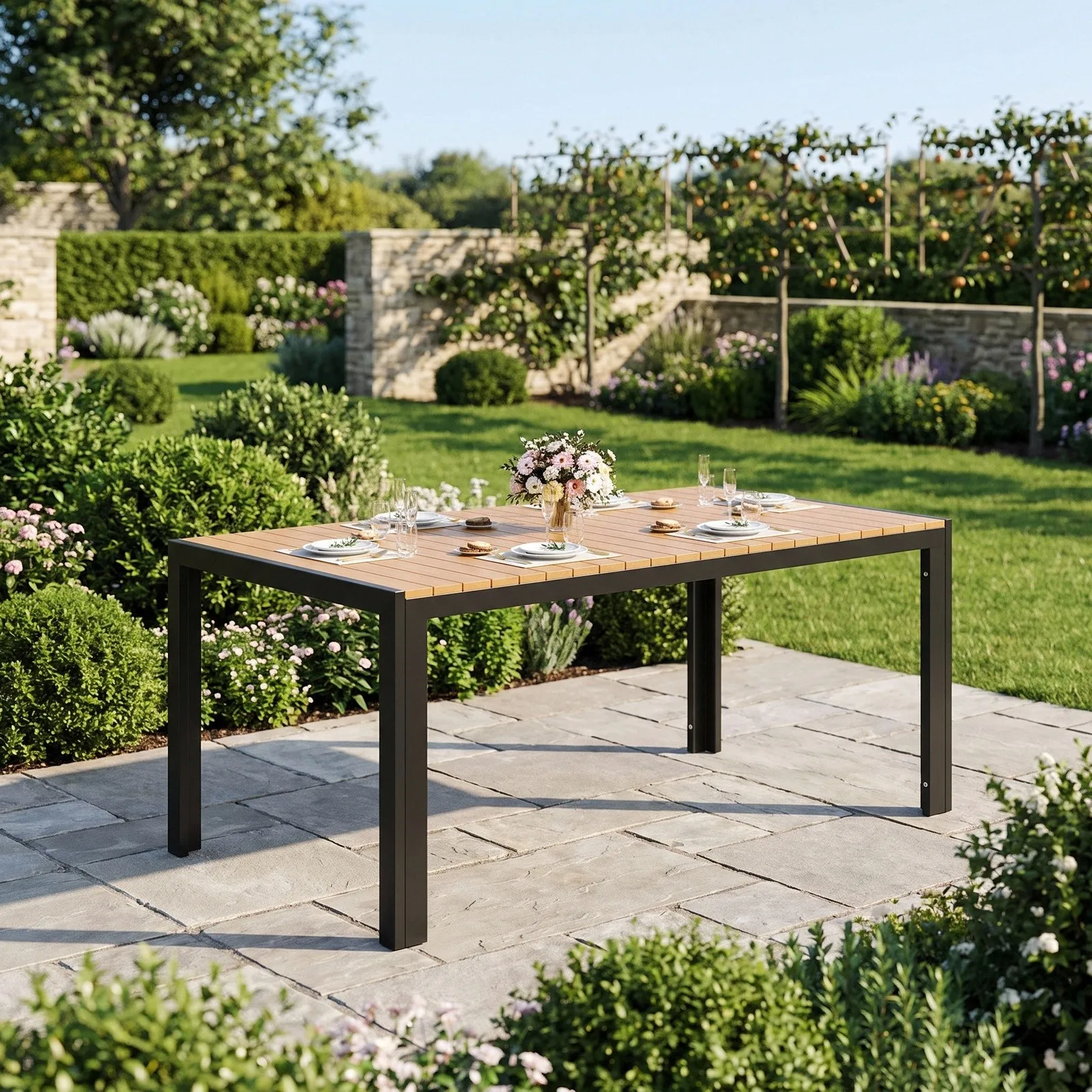 Garden Dining Table for 4-6,Outdoor Patio Table (140x90x70cm),Waterproof WPC Wood-Effect Top & Rustproof Aluminium Frame,Weather-Resistant Garden Table