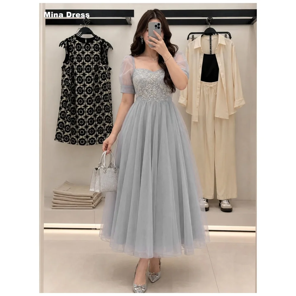 Mina Customized Gray Short Sleeve Square Neck Flower Women's Wedding Party Attire Luxury Dresses 2026 Trends Birthday Dress Prom