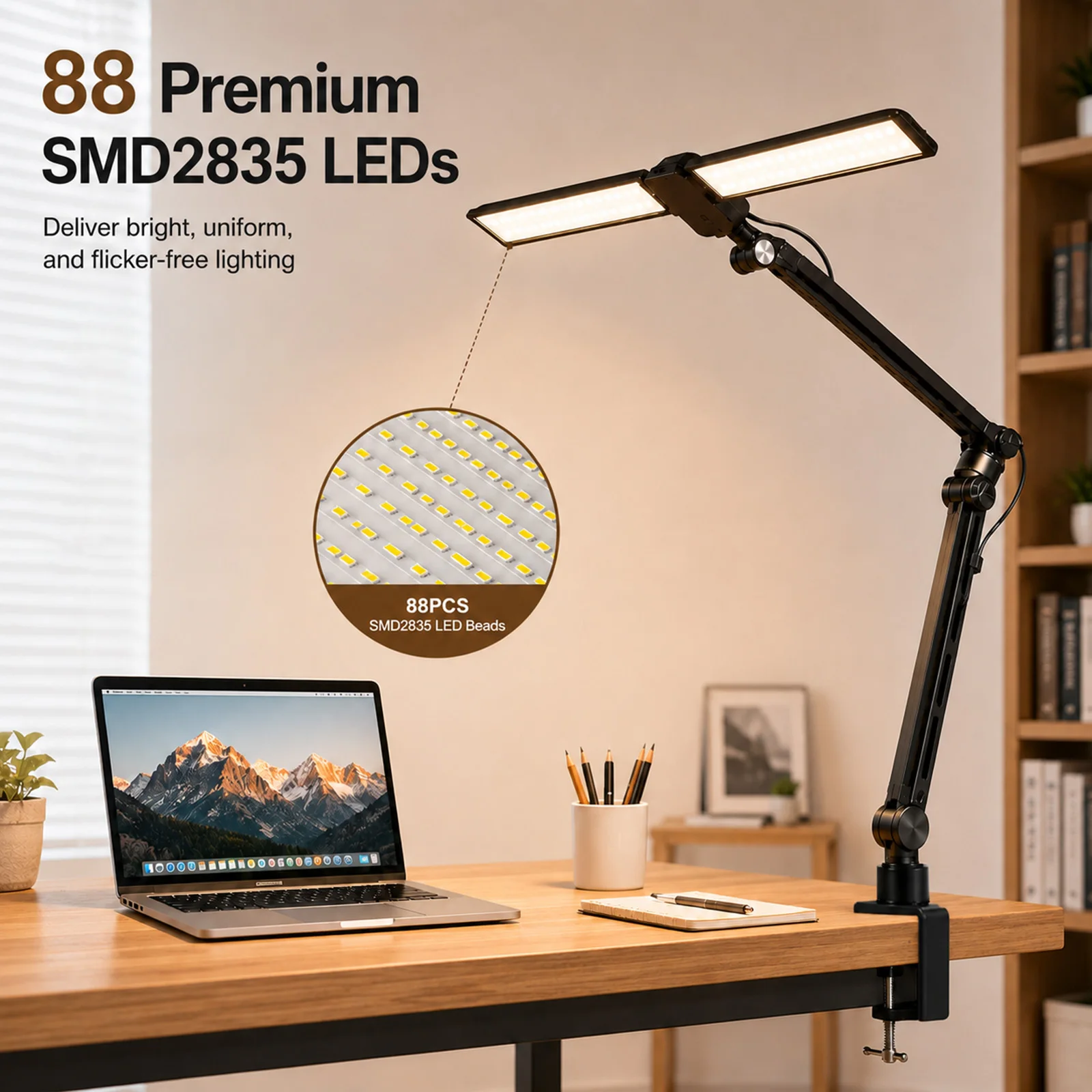 Doppelkopf-Clip-On-LED-Schreibtischlampe mit 3 Farbmodi und 10 Helligkeitsstufen, USB-betrieben, Metall-Schwenkarm-Klemmleuchte für Studium und Büro