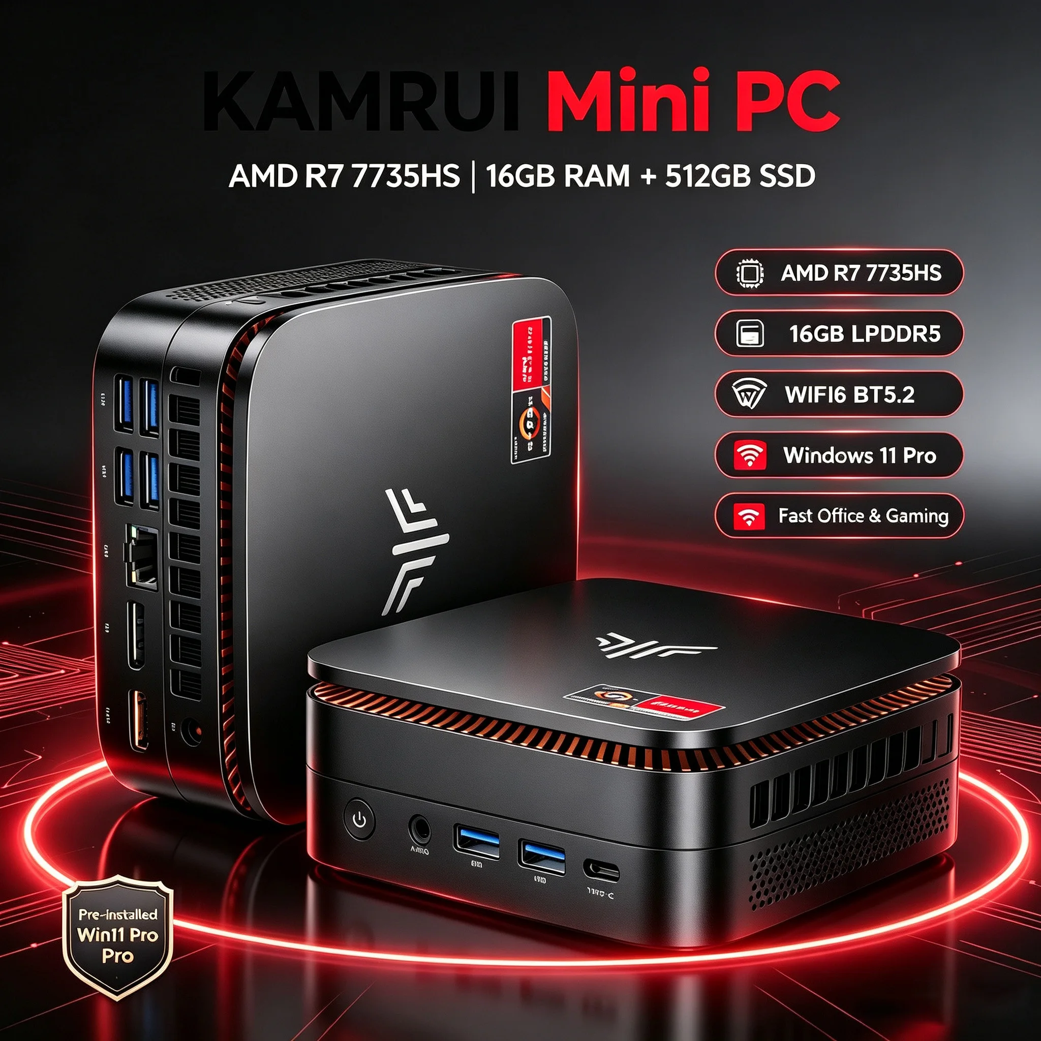 KAMRUI Mini-PC Ryzen 7 7735hs 16GB LPDDR5 512GB M.2 NVMe PCIe3.0 SSD Max 4,75 GHz WIFI6 BT5.2 Win11pro Desktop-Gaming-Computer