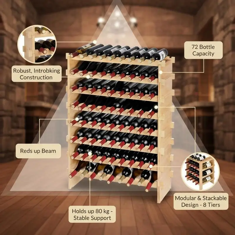Casier à vin pour 72 bouteilles, casier à bouteilles en bambou avec 8 compartiments, casier à vin vintage en métal empilable pour cave, bar, entrepôt, etc. Porte-bouteilles, support pour bouteilles de