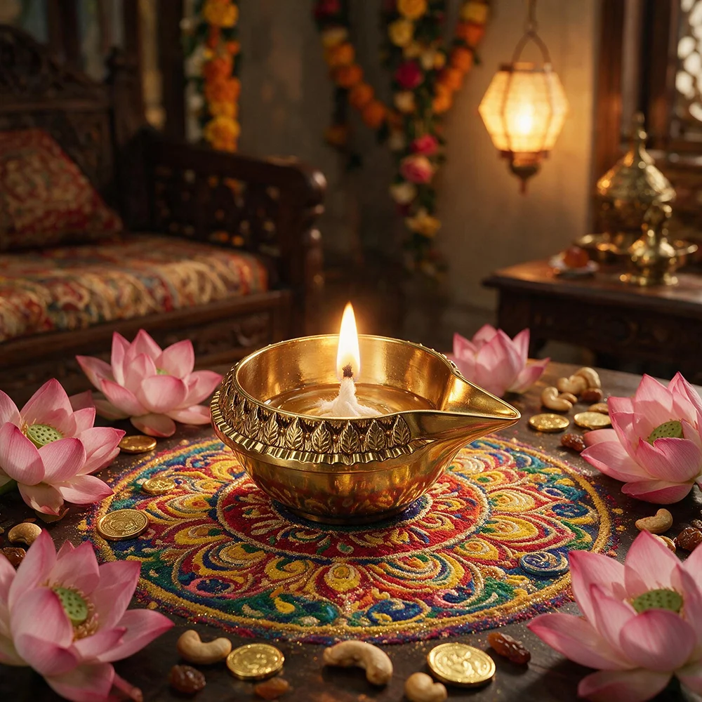 Elegante indische Diya-Lampe für Diwali Pooja, handgefertigter Gold-Zinklegierungs-Diikak mit Blattmotiv, Tempel-Öllampe