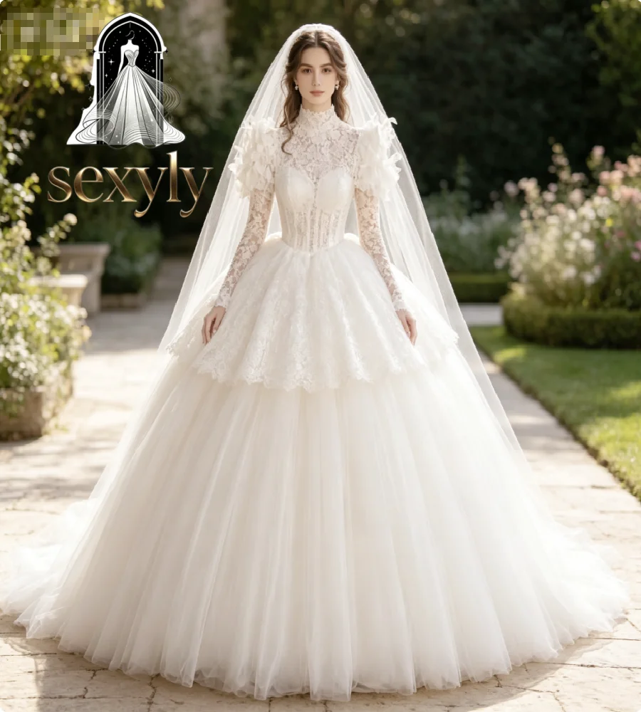 Romantic Victorian Medieval Wedding Dress 2026 3D Petal Puff Ruffles Princess Long Sleeve Fairytale Baroque Bridal Gowns gypsy