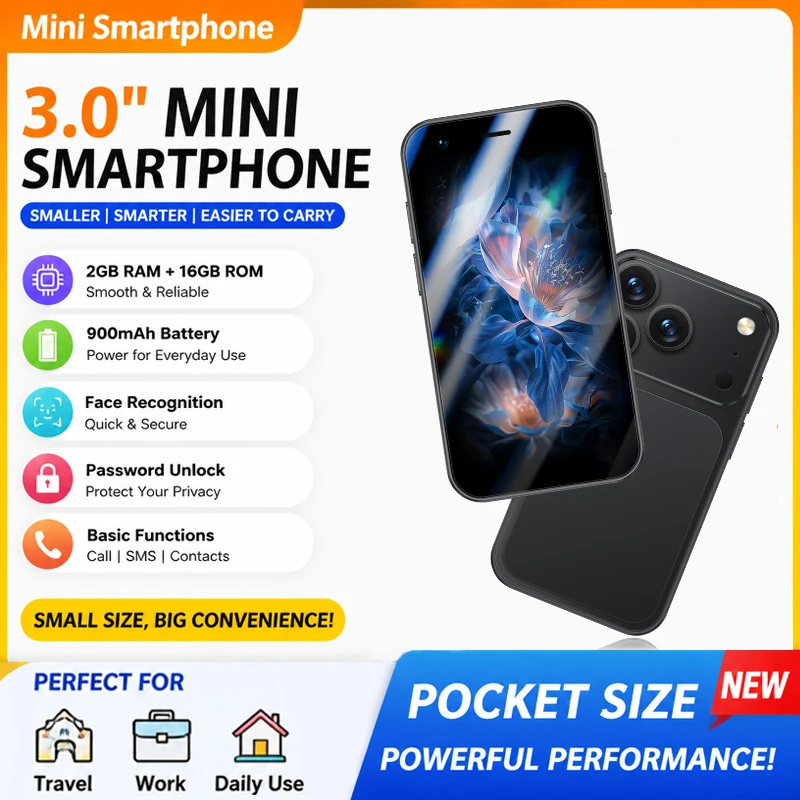 3G Mini Smartphone 3.0-inch Android System Play Store Whats APP GPS WiFi Dual SIM Card Small Smartphone