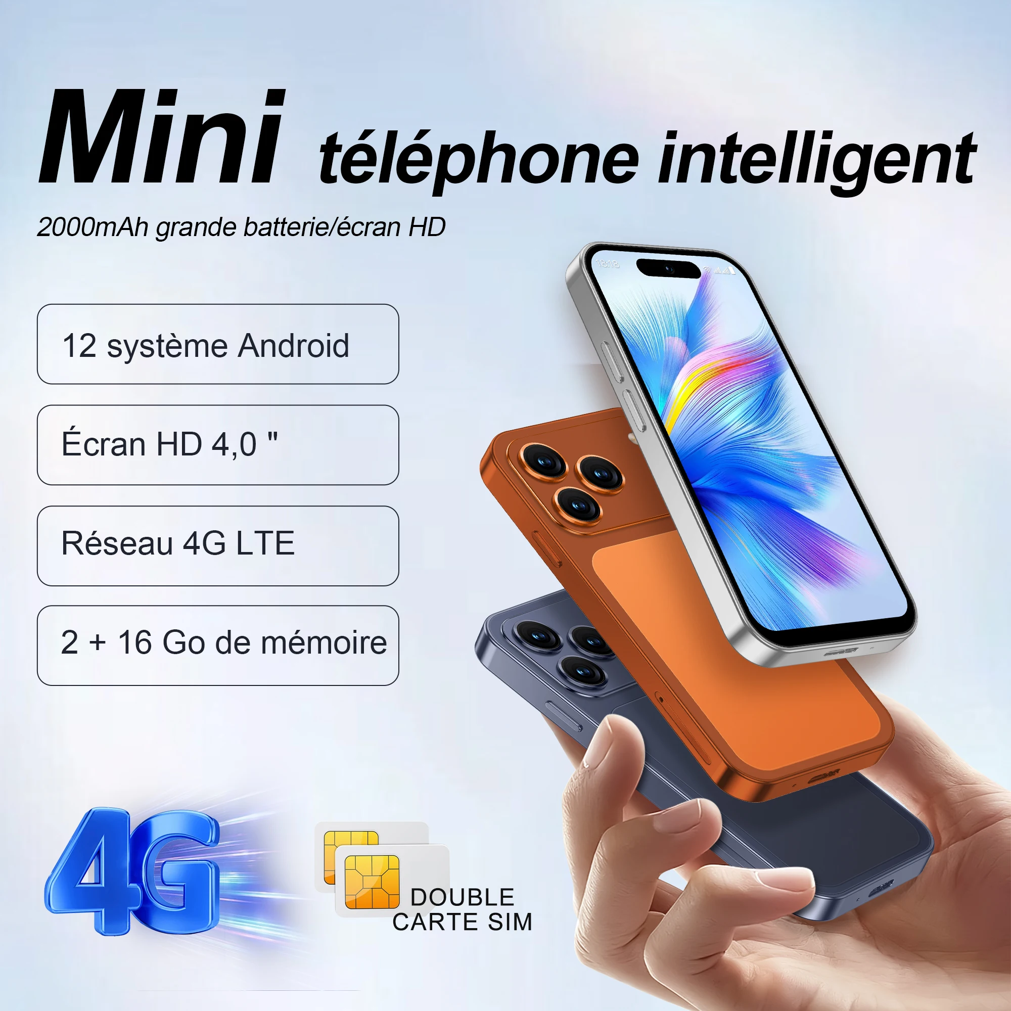 SERVO S4 PRO Mini Smartphone intelligent 4G LTE Double SIM en veille Android 12.0 OS 2 Go + 16 Go WiFi Petit Smartphone de poche 4,0 pouces