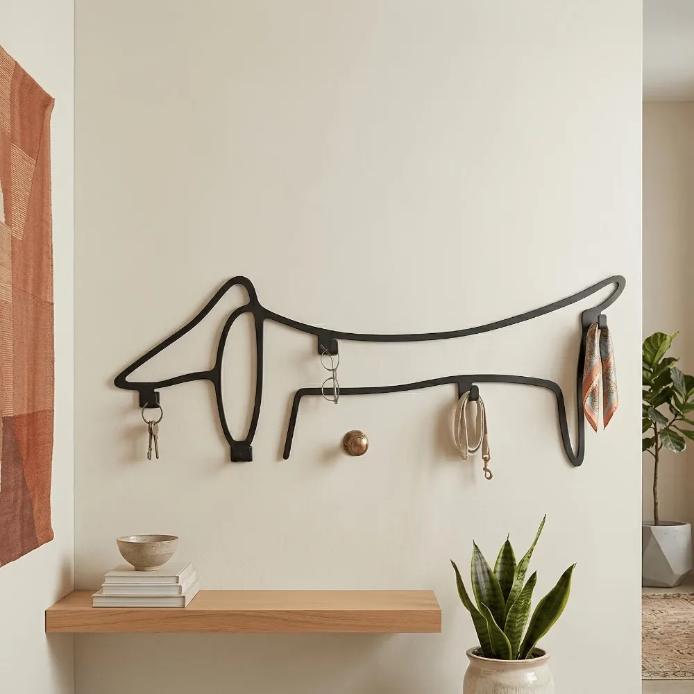 Picasso Dackel Metall-Schlüsselhalter und Garderobe, 2D Flach Laser-geschnittener Abstrakter Hundesilhouette Wandorganizer