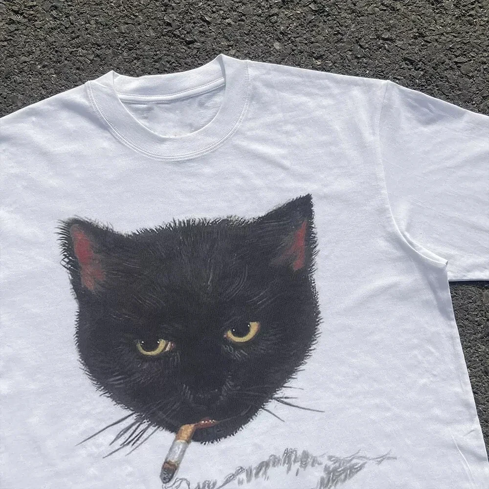Y2k Smocking Cat Grafikdruck Punk 90er Grunge Retro Rock Hip-Hop Vintage Stil Weiß Crop Top T-Shirt E-Girl Sexy Emo T-Shirt