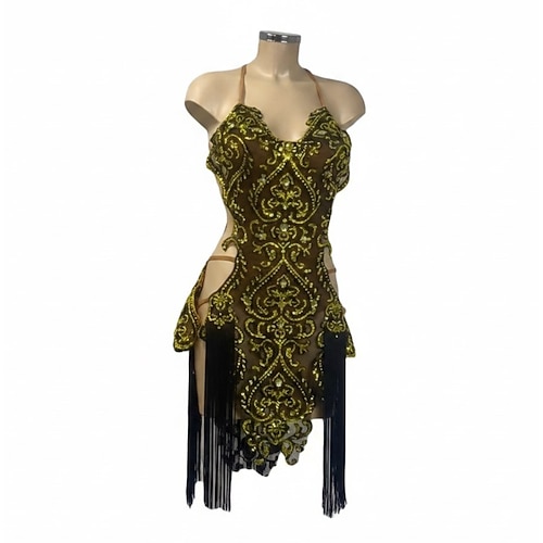 Abito da ballo latino da donna verde oliva con strass dorati, in rete trasparente, con ritagli, frange e nappe, ideale per competizioni di ballo da sala. - Lightinthebox.com/it