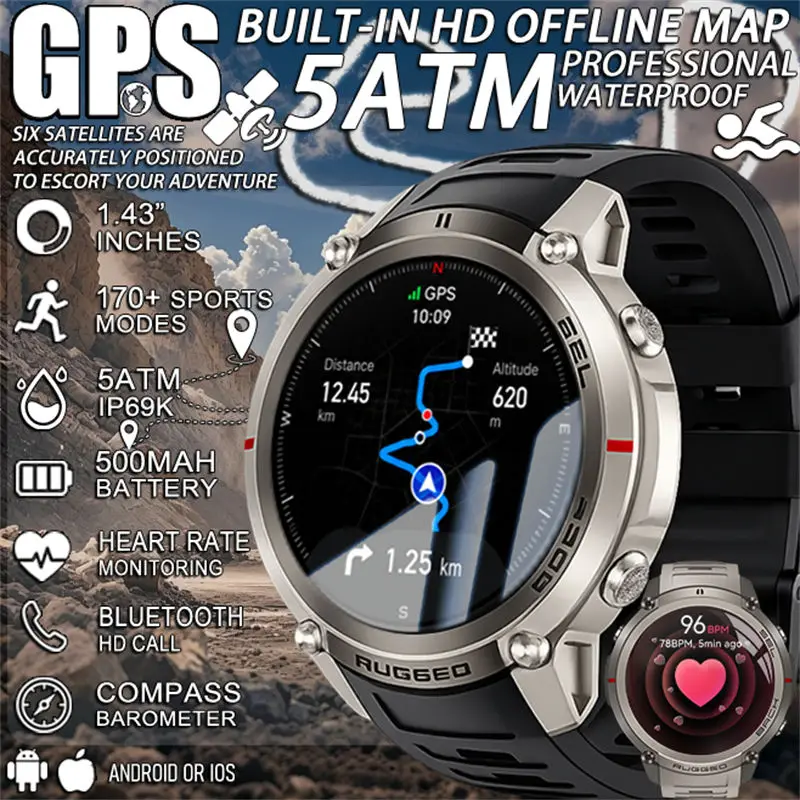 2026 Neue Militärische Sechs-Sterne-GPS-Navigations-Smartwatch mit Offline-Karten, 1,43-Zoll-Display, 5ATM Wasserdicht, Bluetooth-Anruffunktion für Herren