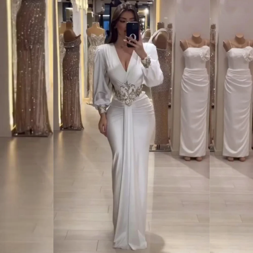 Customized Chinese Style Charmeuse Sequined Pleat Straight V-neck Long Dresses Bespoke Occasion Exquisite