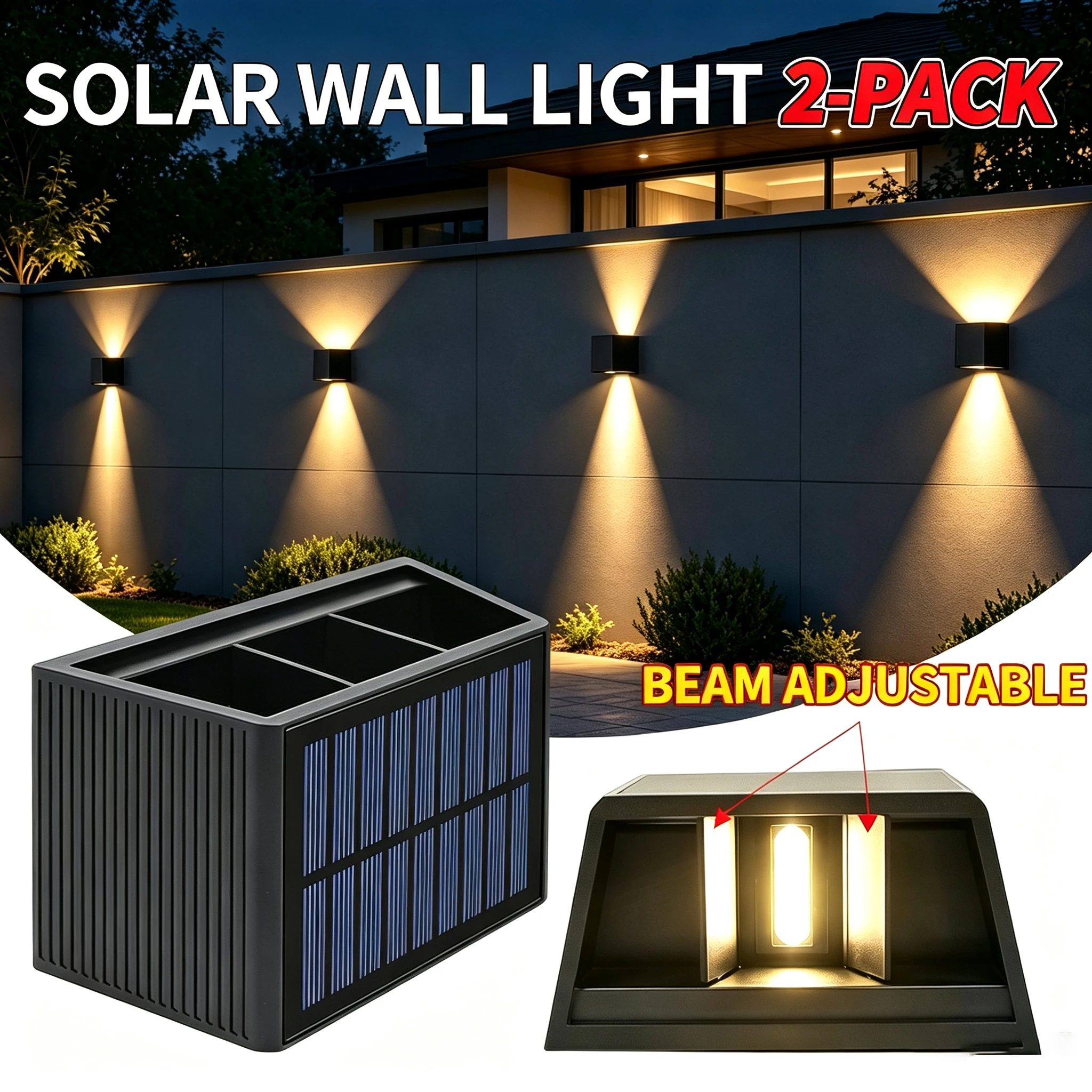 2er-Pack Solar-Wand-LED-Strahler mit Einstellbarem Abstrahlwinkel, IP65 Wasserdicht, Warmweiß, Außenbeleuchtung für Garten, Zaun, Terrasse, Hinterhof, Wege