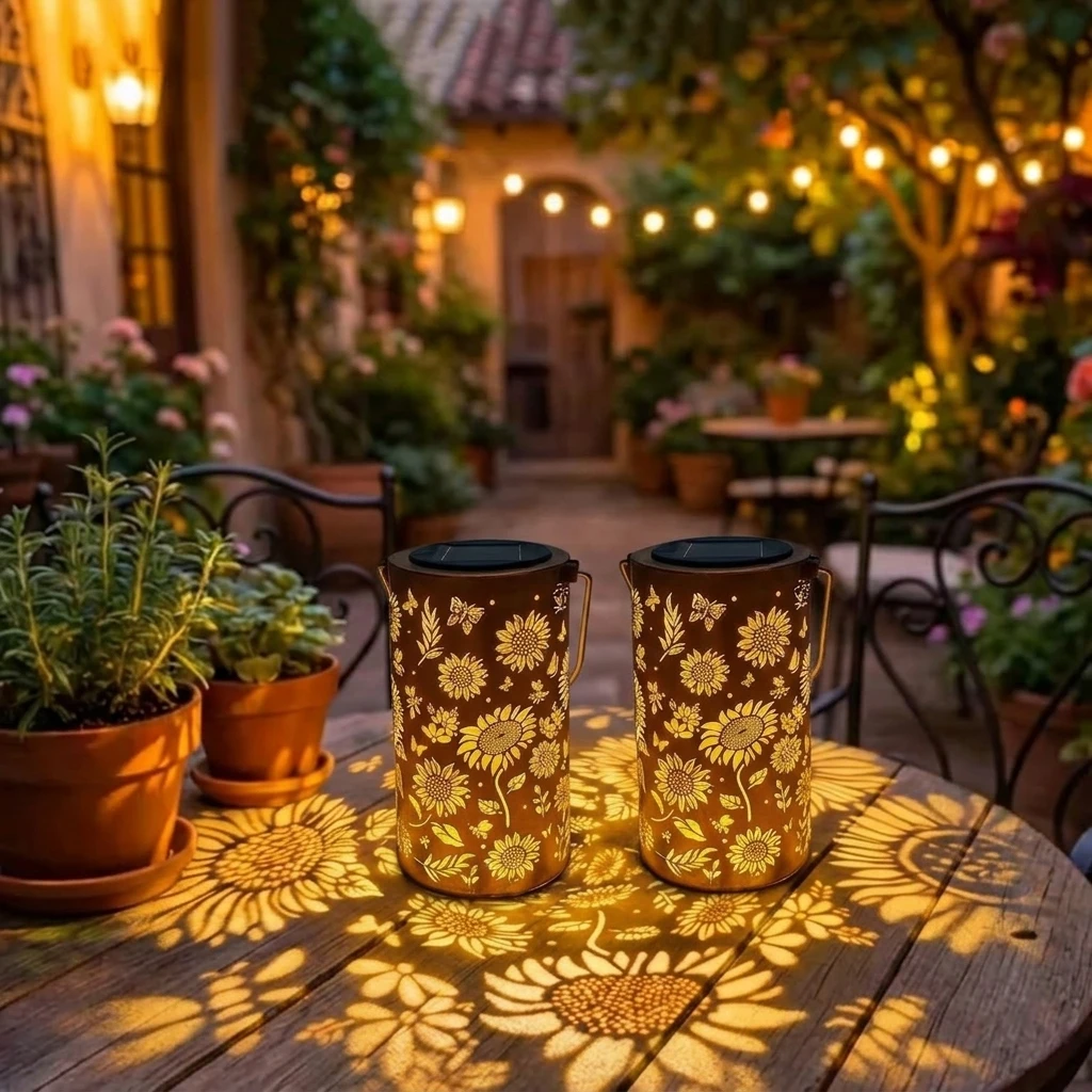 1/2 Stück Solar-Gartenlaternen, Metall-Hängelampen für den Außenbereich, solarbetrieben, wasserdicht, Sonnenblumen-Solarleuchte für Garten, Hof, Weg
