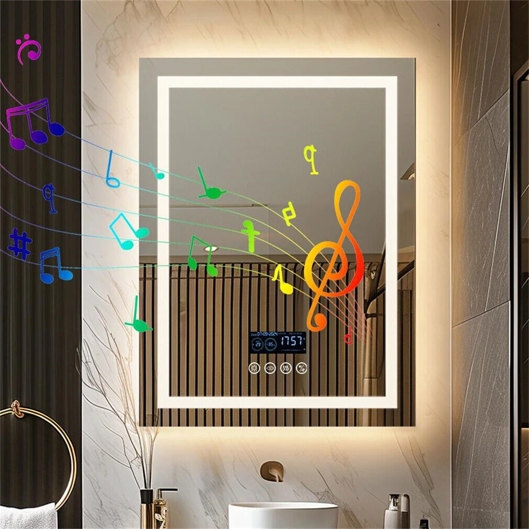 Intelligenter LED-Badezimmerspiegel, rechteckiger Wandspiegel mit Bluetooth-Lautsprecher, Zeit, Temperatur, Lichtspeicher, Vorder- und Hintergrundbeleuchtung, Antibeschlag