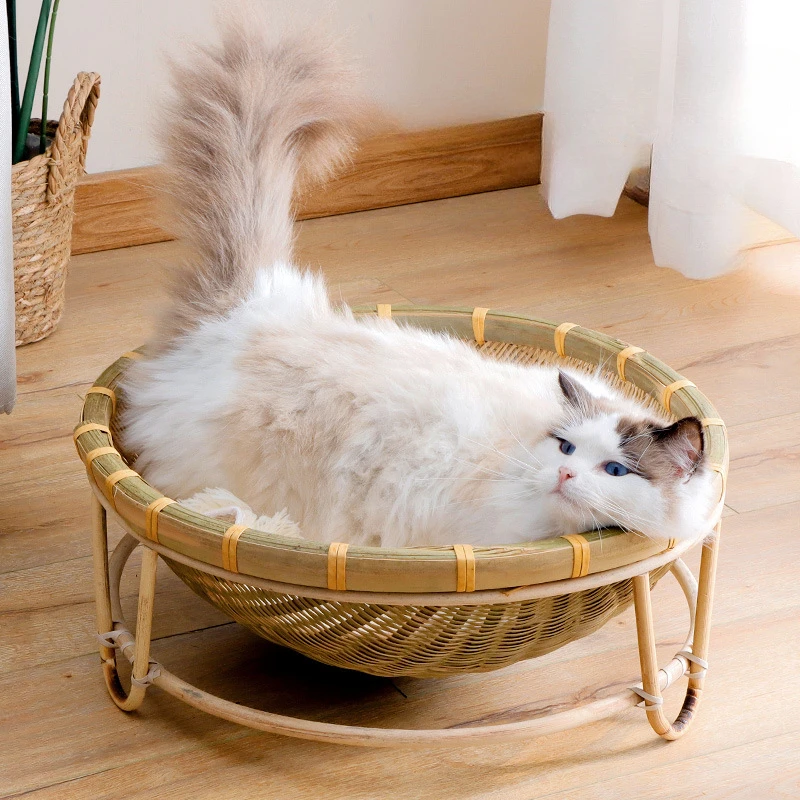 Halb geschlossenes Bambus katzen nest wasch bares Katzen nest im Sommer Stricks pielzeug Haustier liefert atmungsaktives und cooles Katzen nest