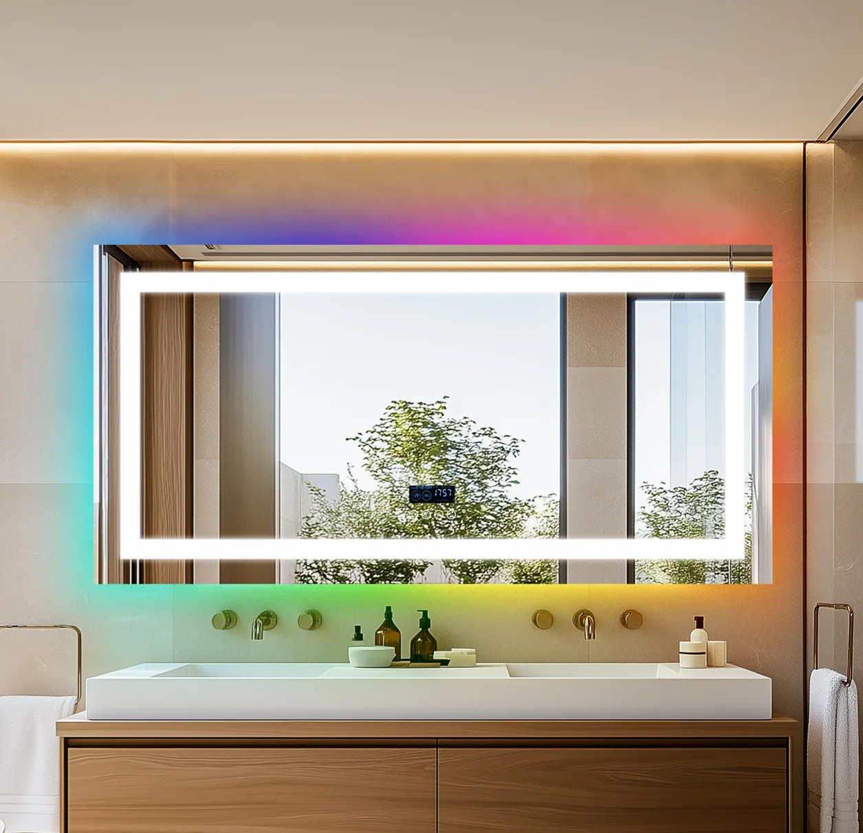 140cm Rechteckiger LED-Beleuchteter Badezimmerspiegel mit Bluetooth-Lautsprecher Dimmbarer Schminkspiegel Vorder- und Rückbeleuchtung Touch-Bedienung Antibeschlag-Funktion
