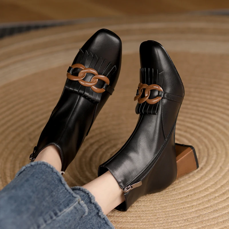 2021 neue Frauen Schuhe Fringe Frauen Stiefel Winter Stiefeletten Zapatos De Mujer Damen Stiefel Karree Echtem Leder Schwarz stiefel
