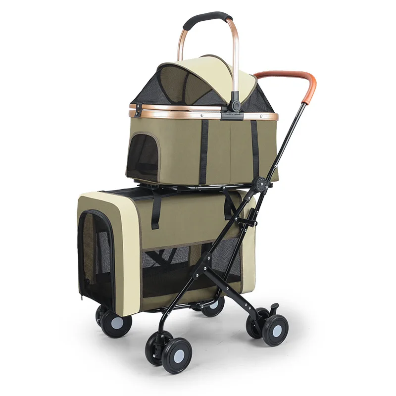 Abnehmbarer Doppeldecker-Haustier-Kinderwagen für Katzen und Hunde, Outdoor-Kinderwagen, leichter, faltbarer Haustier-Kinderwagen, tragbarer Haustierkorb