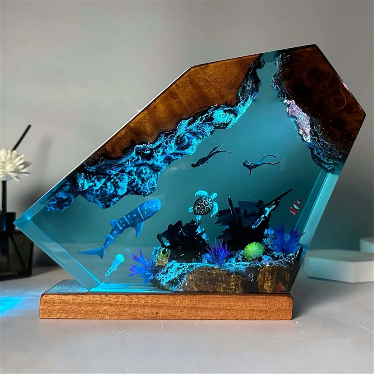 Unterwasser-Harzlampe, Wal, Schildkröte, menschliches Tauchen, Nachtlicht, Zuhause, Geschenk, Büro, Schreibtisch, Schlafzimmer,