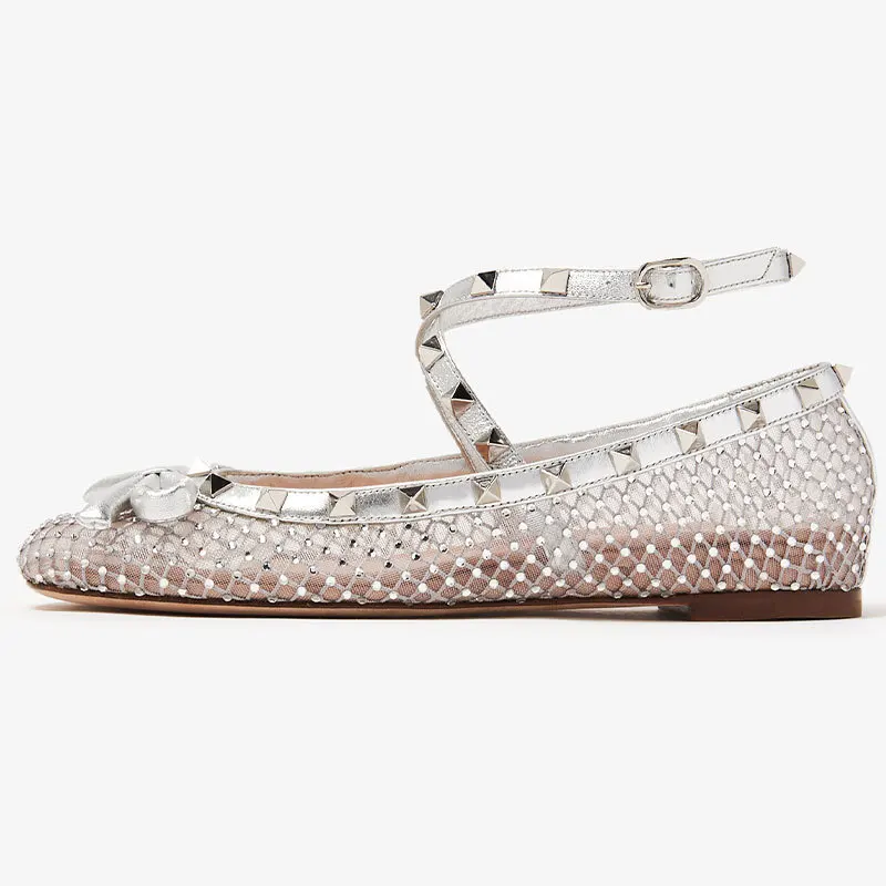Catwalk Mesh Strass Nieten One-Line Flats Große Größe Runde Zehen Ballett Sandalen Weiche Sohlen Bequeme Große Größe Frauen Schuhe