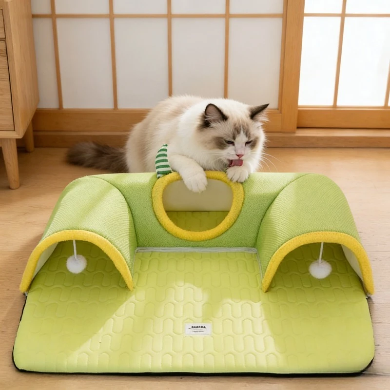 Atmungsaktives Monster-Katzenbett mit Tunnel, Ganzjahres-Universalmatte für Haustiere, Gemütliche Schlafcouch für Kätzchen und Erwachsene Katzen, Sommer- und Frühlingsschlafplatz
