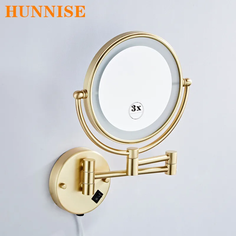 Gebürstet Gold LED Make-Up Spiegel mit Messing Klapp Bad Spiegel von 8 Zoll 3X 5X Maynifying Make-Up Spiegel Dual Gesicht LED Spiegel