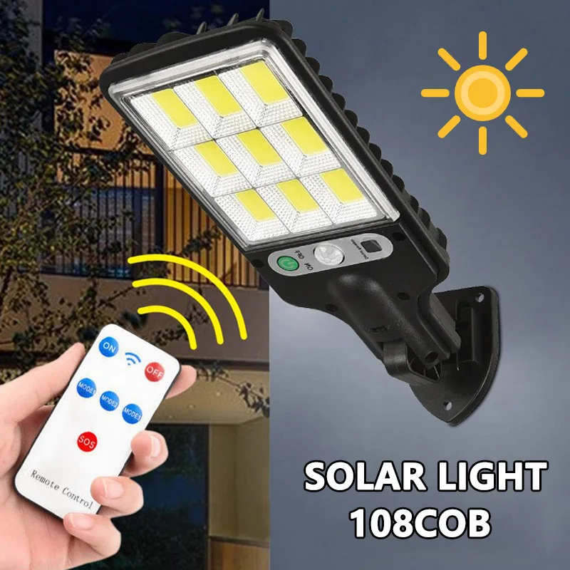 108COB Solarleuchten für den Außenbereich, Bewegungsmelder, 3 Modi, wasserdicht, Sicherheitswandbeleuchtung für Terrasse, Gartentür, Straße, Flutlicht, Solarlampe