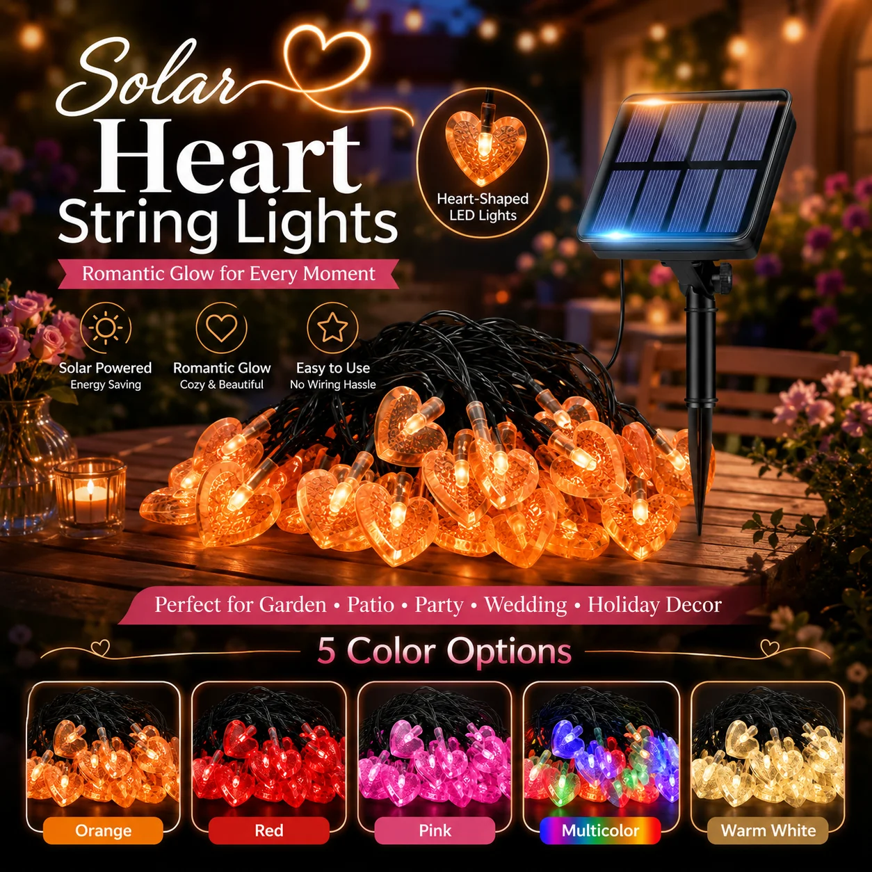 Solar-Herz-Lichterkette 5 Farben Außen-Gartenbeleuchtung Romantische LED-Girlande für Terrasse Hof Zaun Hochzeit Party Feiertage