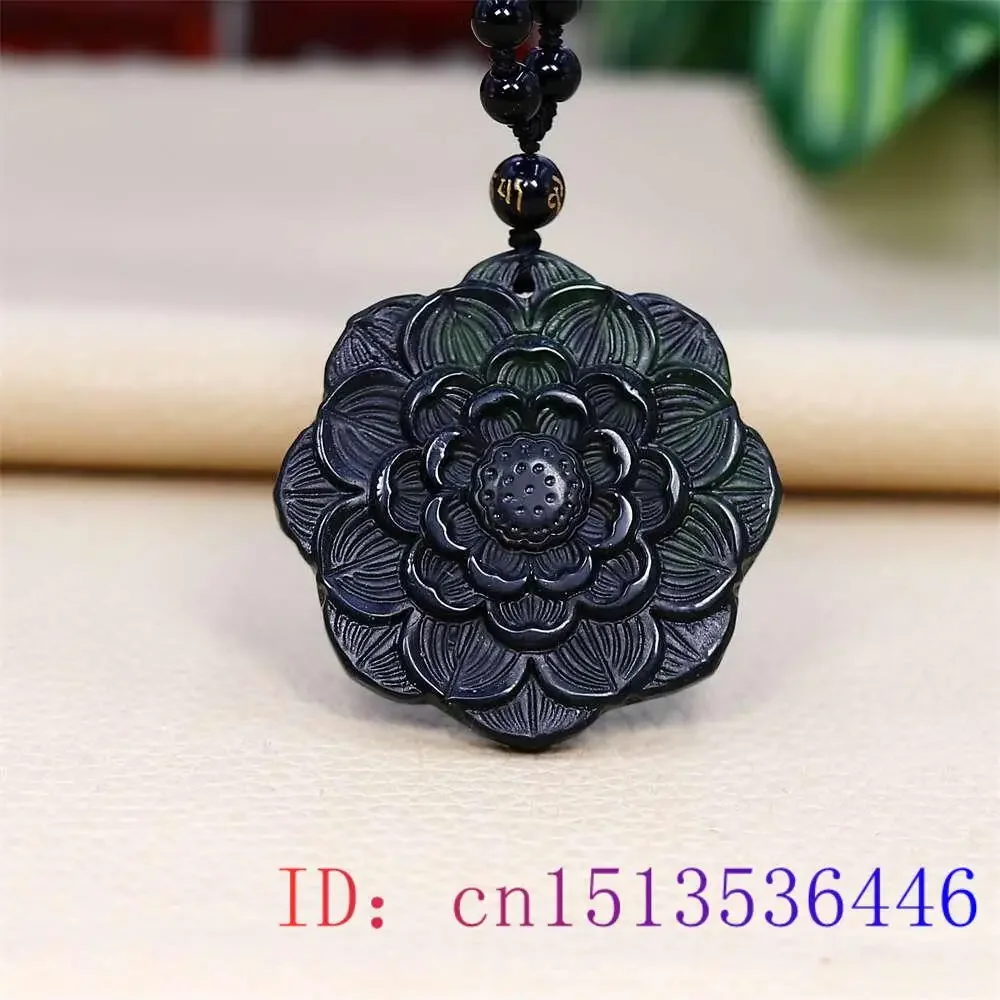 Schwarz Grün Jade Lotus Anhänger Halskette Charms Mode Talismane Natürlichen Schmuck Amulette Geschnitzte Anhänger Vintage Mann Halsketten