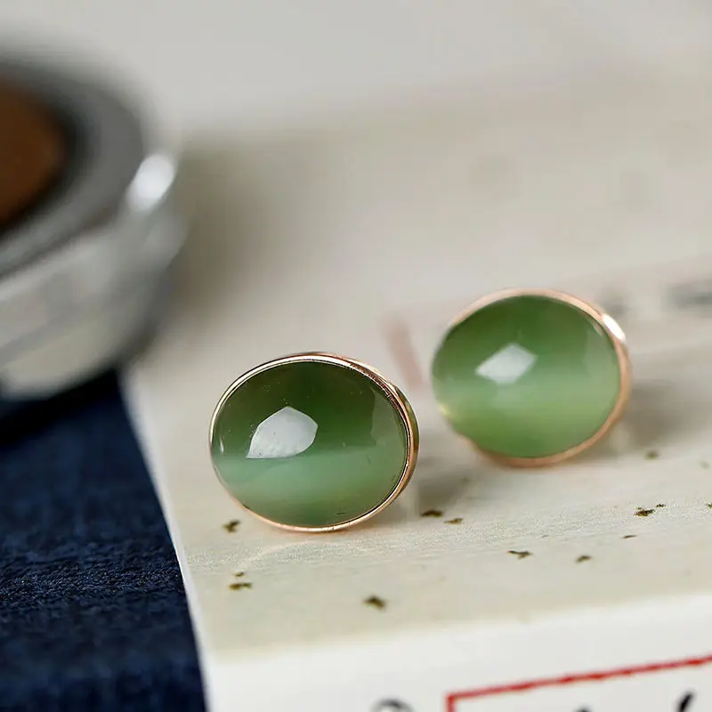 Klassische Art natürliche Katzenauge Stein grüne Ohrringe für Frauen Vintage elegante einfache ovale Ohr stecker Bankett Silbers chmuck