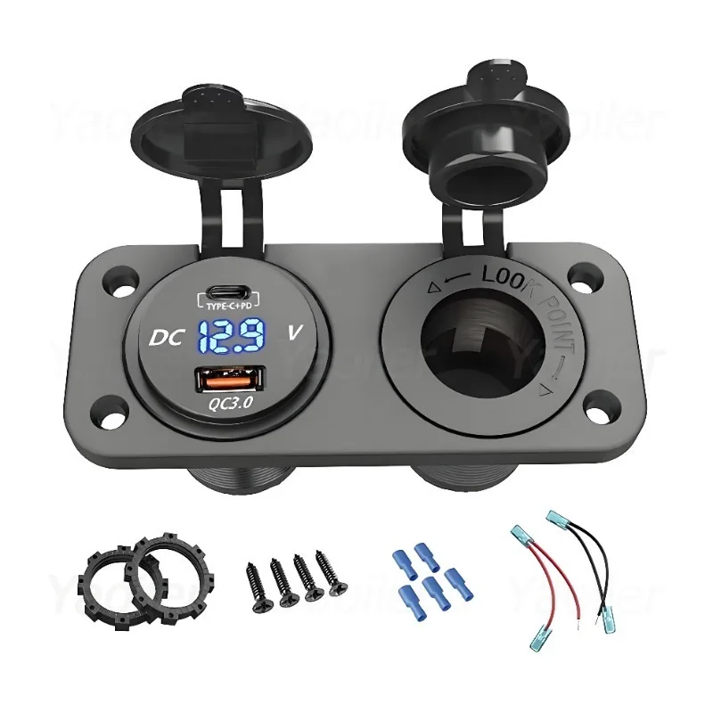 12/24V USB-Steckdosenpanel mit PD Typ C & QC3.0 USB Autoladegerät, Spannungsmesser und Zigarettenanzünder-Buchse für Auto, Motorrad, Boot, Wohnmobil