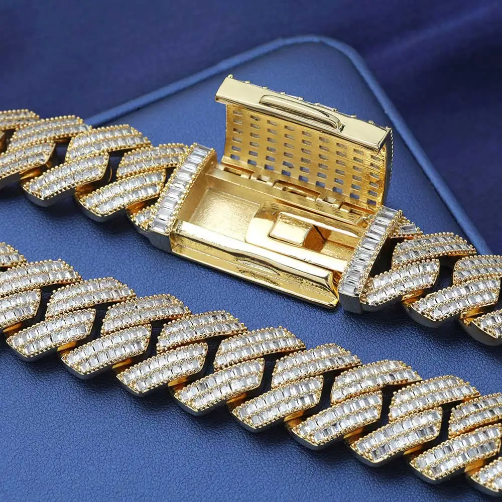 Hip-Hop-Schmuck, 20 mm, 2 Reihen, rechteckiger Stein, Iced Out Miami, kubanische Gliederkette, Bling, 18 Karat Weißgold vergoldetes Kupfer, dicke Halskette