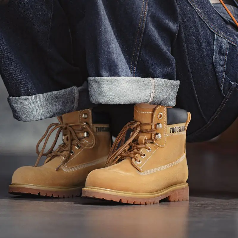 Maden Vintage-Stiefel im britischen Stil, gelbe Stiefel für Damen, hohes Oberteil, Spaltleder, Schnürung, runde Zehen, Knöchel-Wanderschuhe für den Herbst