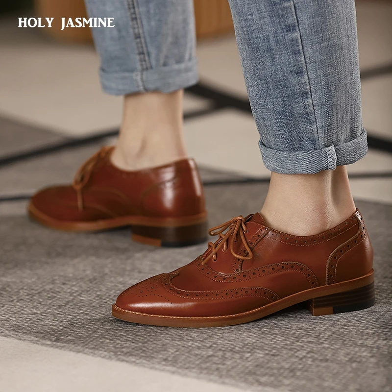 2021 neue Frühjahr/Herbst Frauen Schuhe Oxford für Frau Echtem Leder Wohnungen Brogues Vintage Lace Up Casual Braun Schuhe für Mädchen