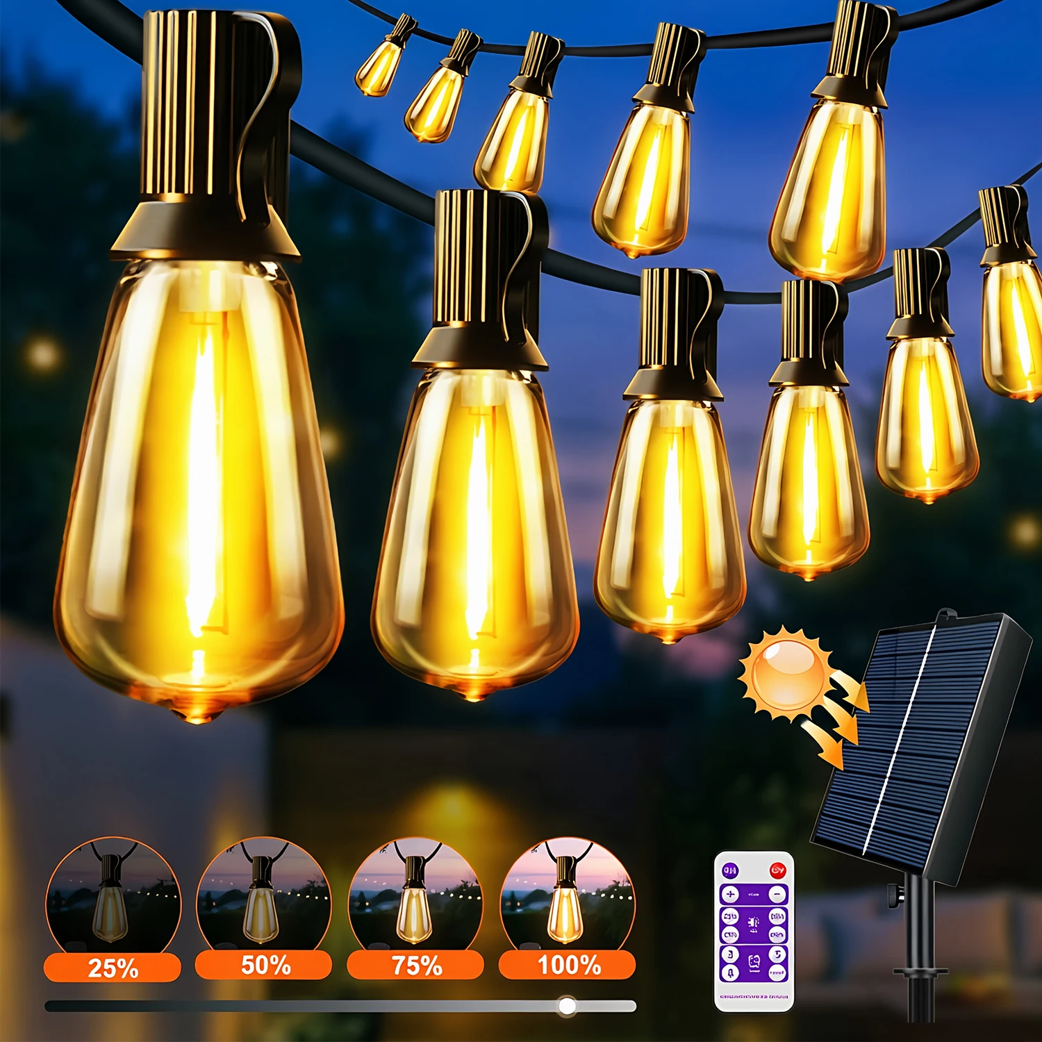 Solar-LED-Lichterkette für Außen mit Fernbedienung, Automatische Dämmerungssensorik, 8 Beleuchtungsmodi, IP44 Wasserdichte Terrassenlampen für Party- und Gartendekoration