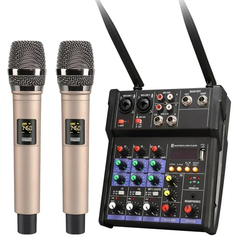 4-Kanal-USB-Audiomischer mit kabellosem Mikrofon, Studio-Soundmixer mit Bluetooth, DJ-Konsole, Mischen für Karaoke-Mikrotelefon