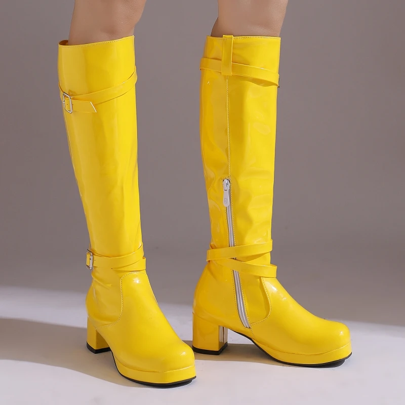Kniehohe Damenstiefel 2025, Winterschuhe, Lackschwarz, Weiß, Block, niedrige Absätze, langer Stiefel, Damenschuhe, Schuhe, große Größe 45 48